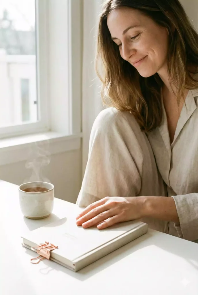 Mulher finalizando seu planejamento trimestral em atmosfera leve e tranquila