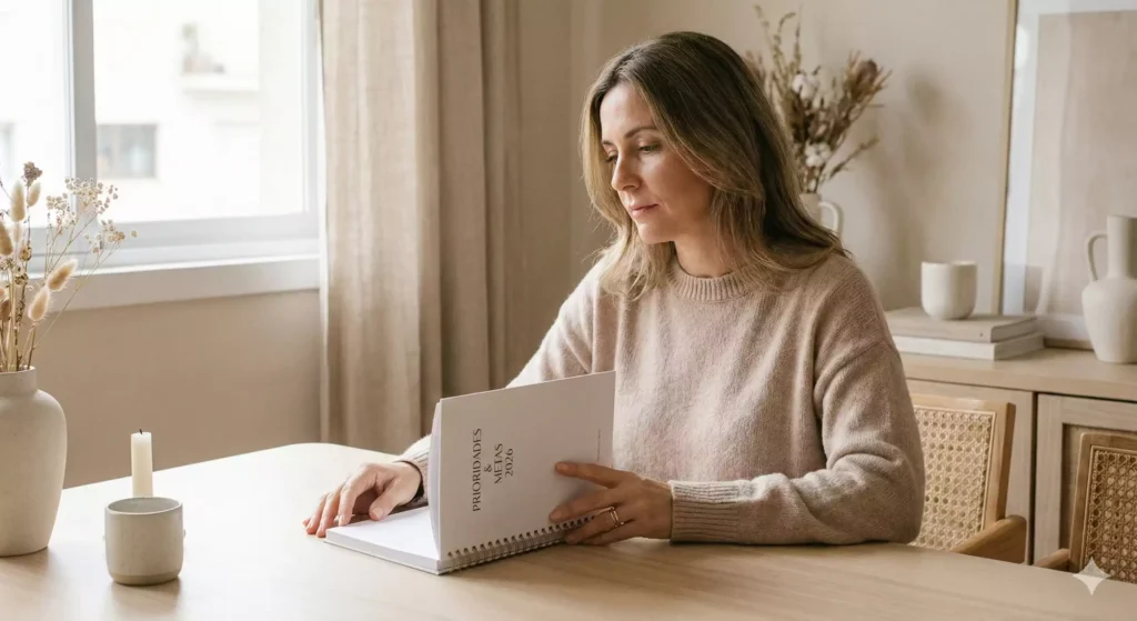 mulher refletindo com caderno aberto simbolizando reflexão para metas para 2026