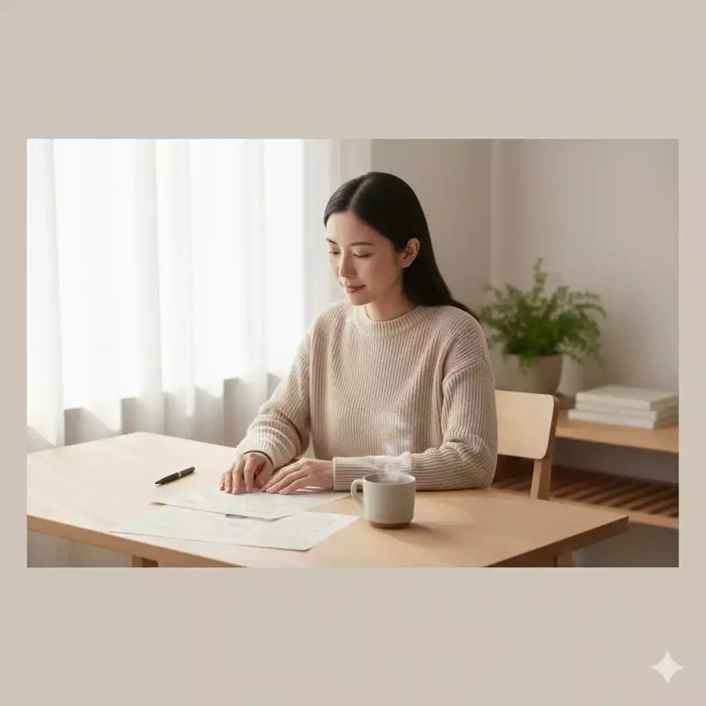 Metas prioritárias representadas por mulher organizando poucas metas com clareza e foco em uma rotina leve