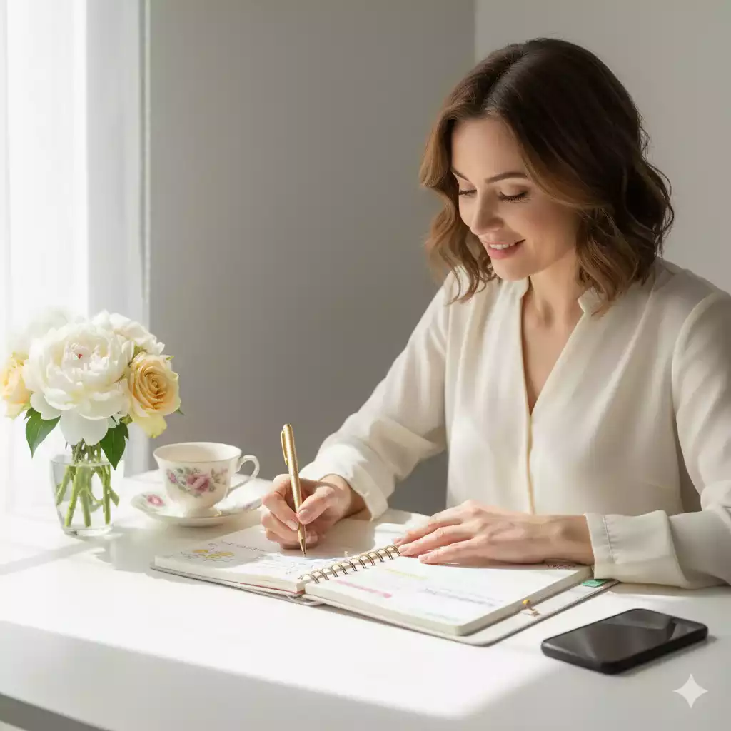 Imagem feminina e clara representando o que planejar no ano, mostrando uma mulher organizando um planner com leveza e propósito.