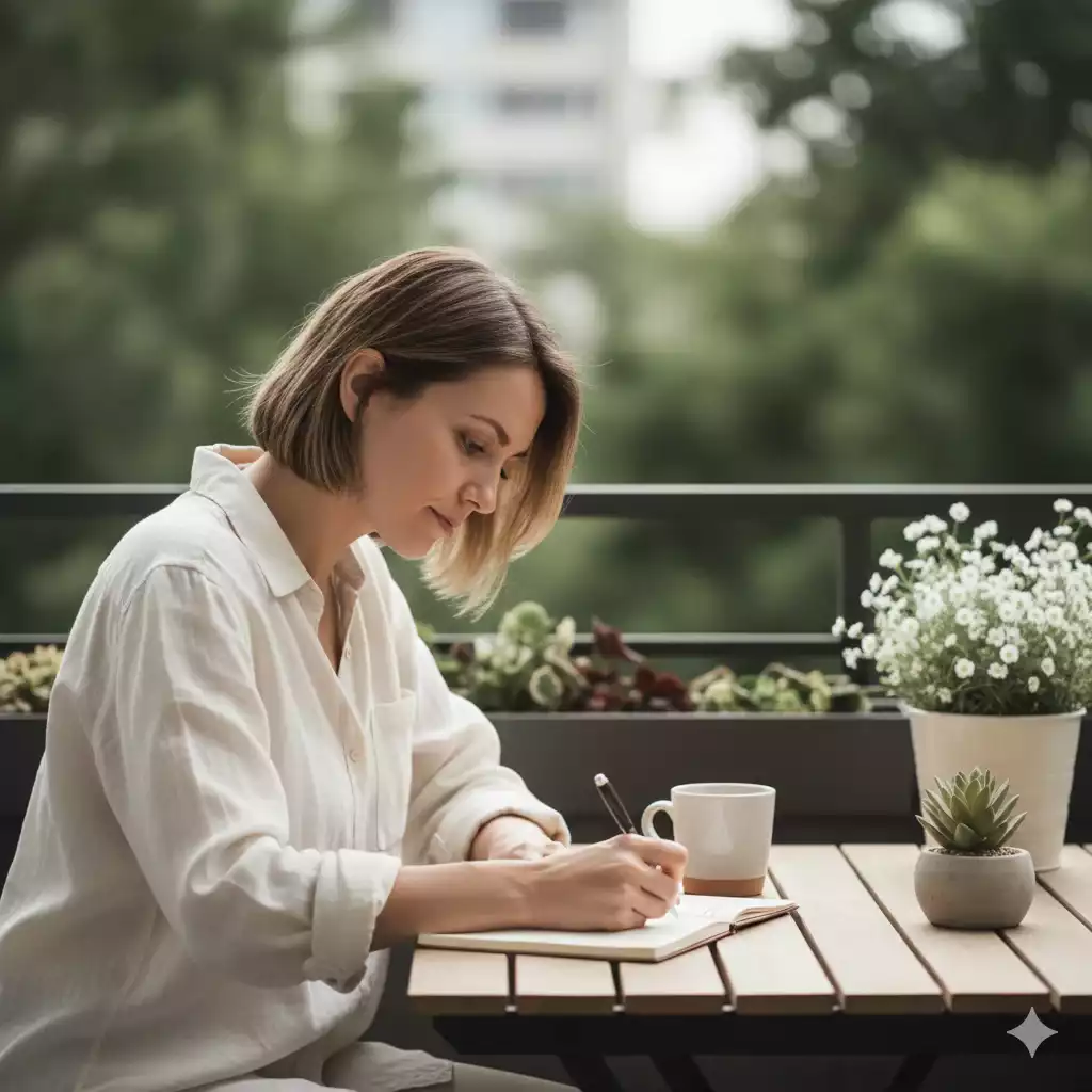 Mulher escrevendo em um caderno de forma calma, simbolizando o que planejar para viver o presente com mais presença.