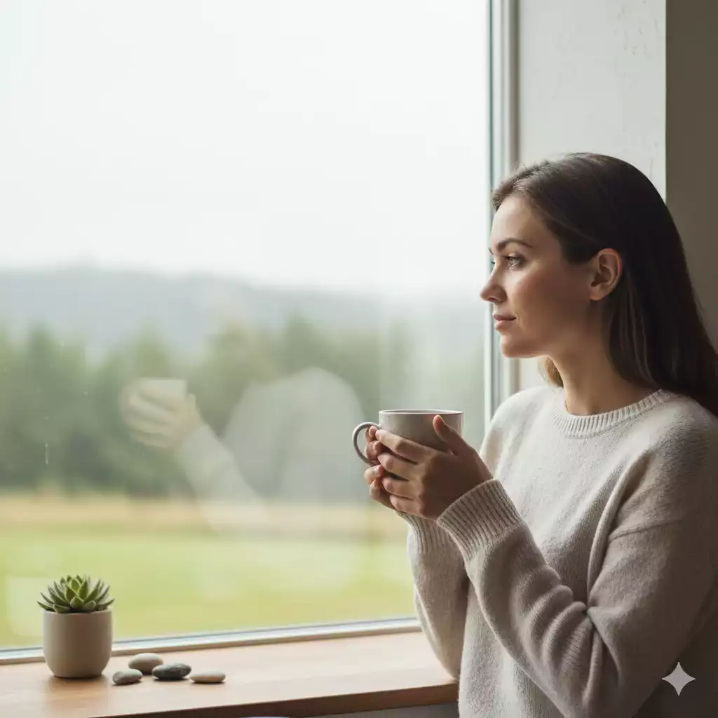 “Imagem vertical feminina mostrando reflexão sobre o que planejar e viver o presente.