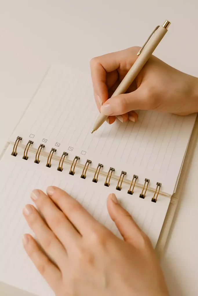 Checklist marcado em um planner, simbolizando uma rotina organizada e clara.