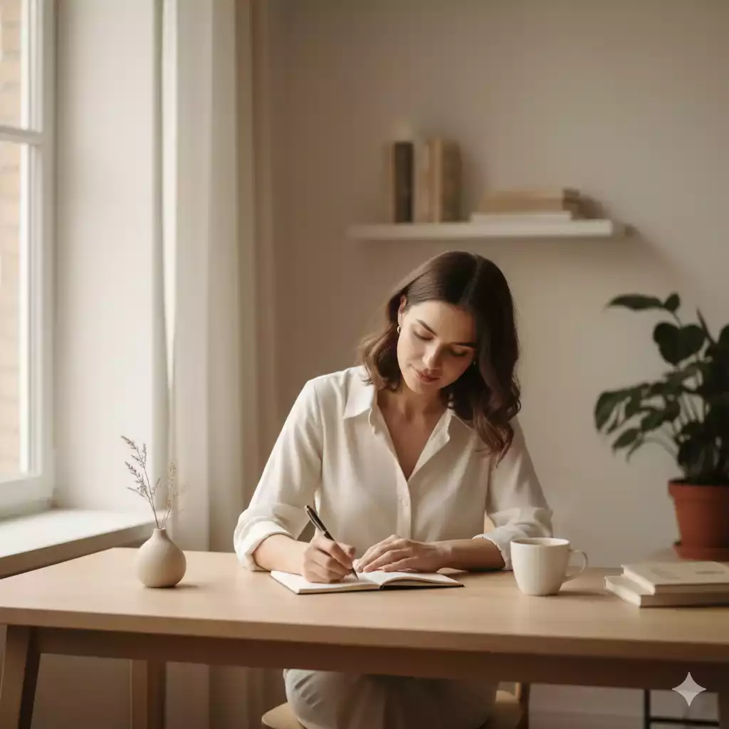 Mulher escrevendo no caderno para organizar o dia e criar uma rotina organizada.