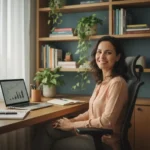 Mulher sorridente em ambiente organizado seguindo as dicas do guia home office com plantas e luz natural.