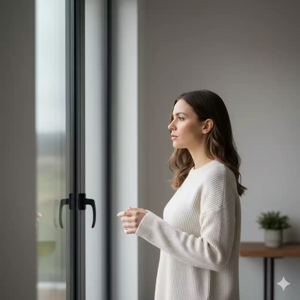 O papel da mulher na história refletido no presente por uma mulher olhando pela janela, simbolizando o silêncio que ainda persiste