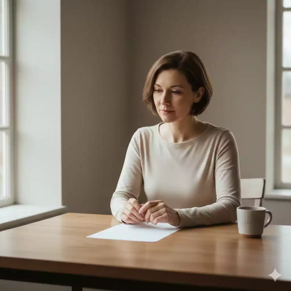 O papel da mulher na história representado por uma mulher em silêncio diante do papel, simbolizando saber sem permissão para escrever