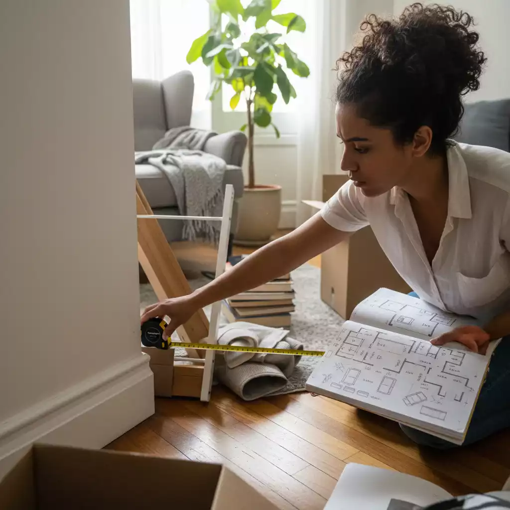 Mulher medindo espaço para aplicar as estratégias do guia home office com fita métrica e caderno.