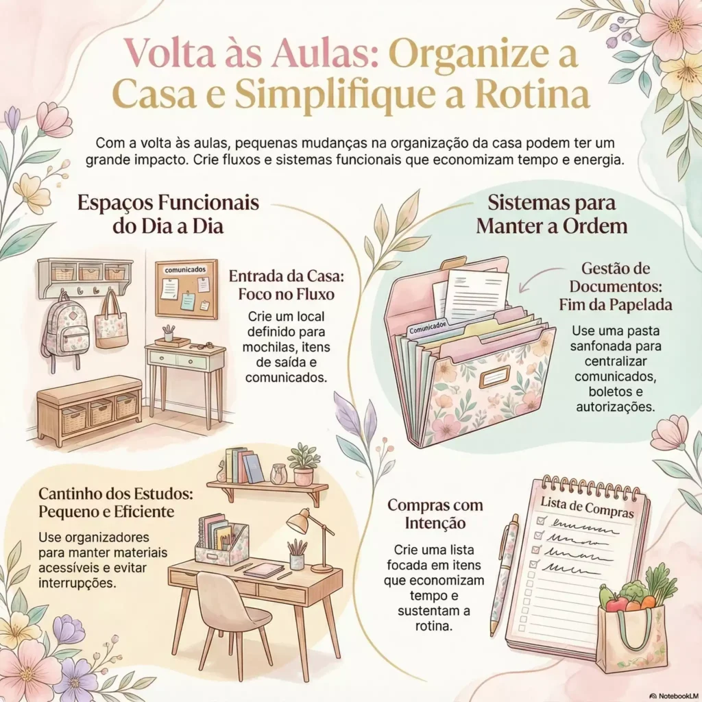 Infográfico sobre volta às aulas mostrando como organizar a casa e a rotina no início do ano letivo