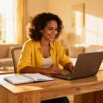 Mulher sorridente sentada em uma mesa de madeira organizada, exemplificando como montar escritório em casa com leveza e estilo.