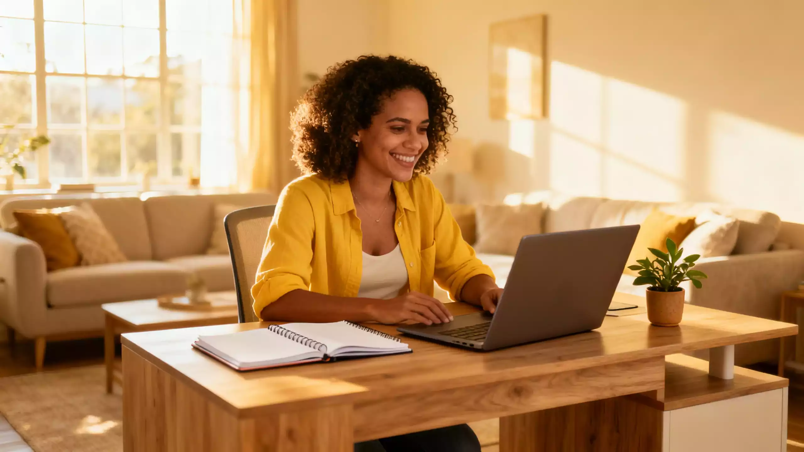 Mulher sorridente sentada em uma mesa de madeira organizada, exemplificando como montar escritório em casa com leveza e estilo.