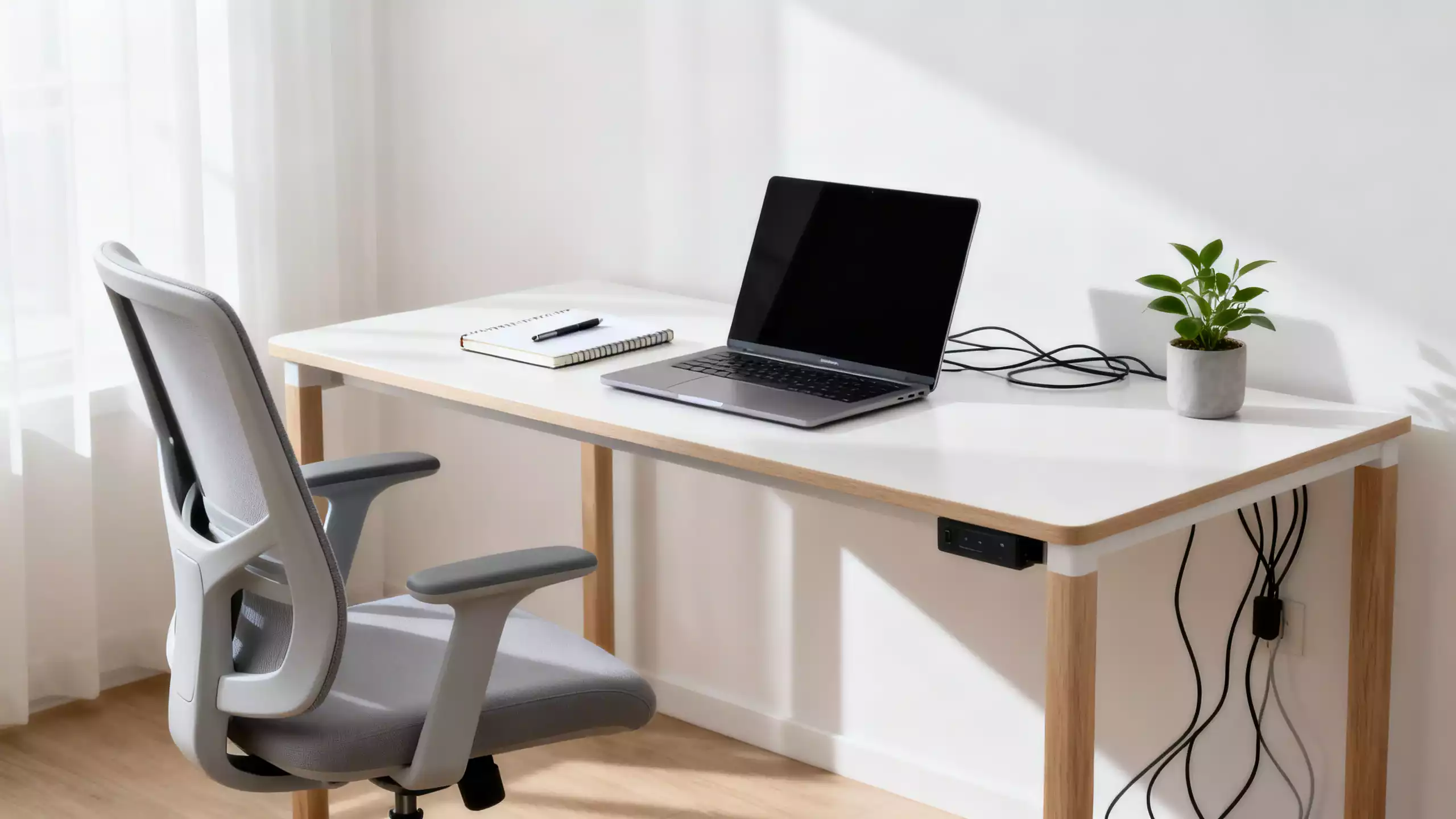 Conjunto home office minimalista com mesa, cadeira confortável e itens essenciais