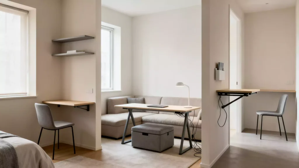 Home office pequeno com três cenários visuais (quarto, sala e canto) em estilo minimalista e paleta neutra
