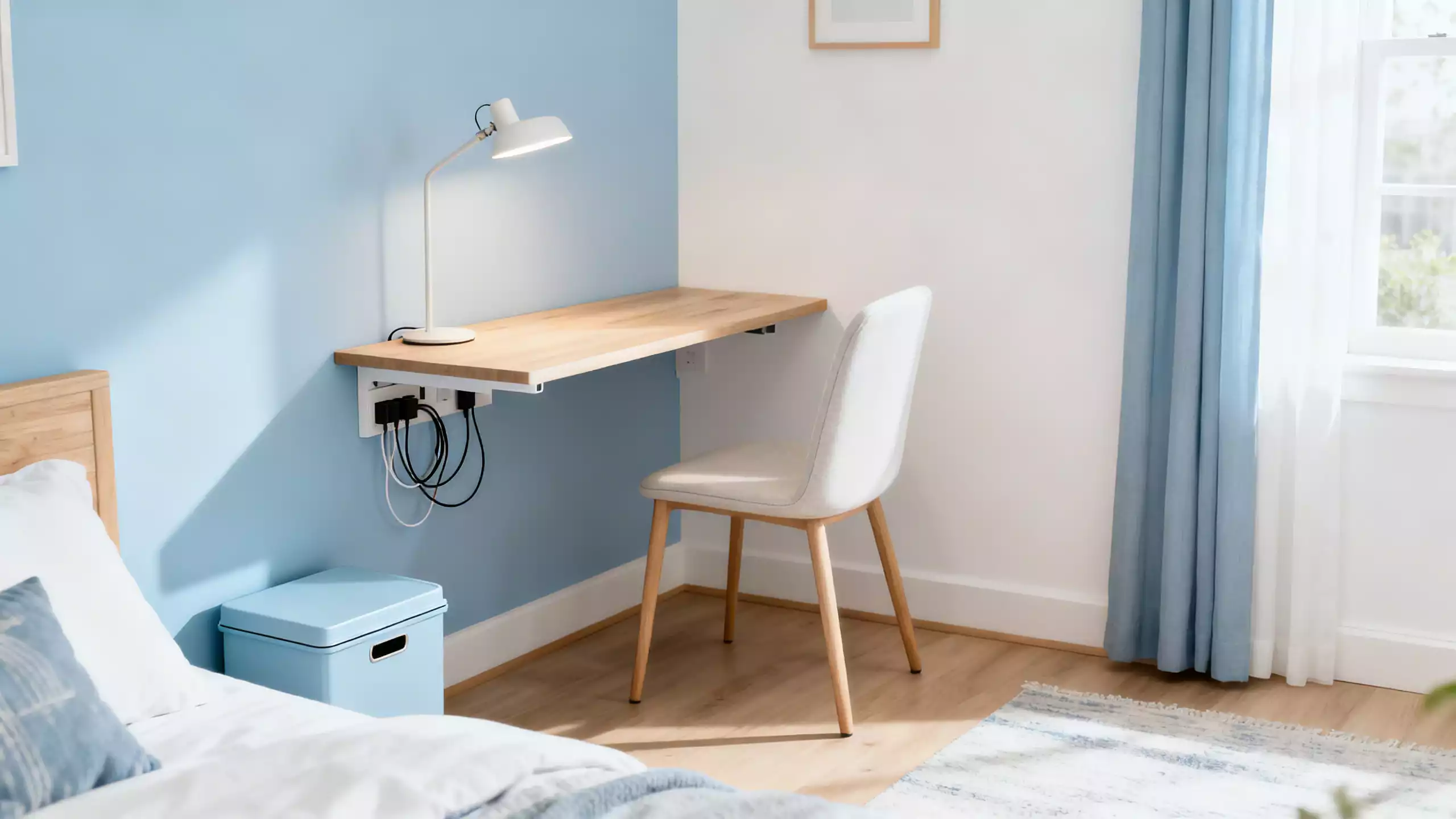 Home office pequeno com mesa compacta, luminária e organização invisível