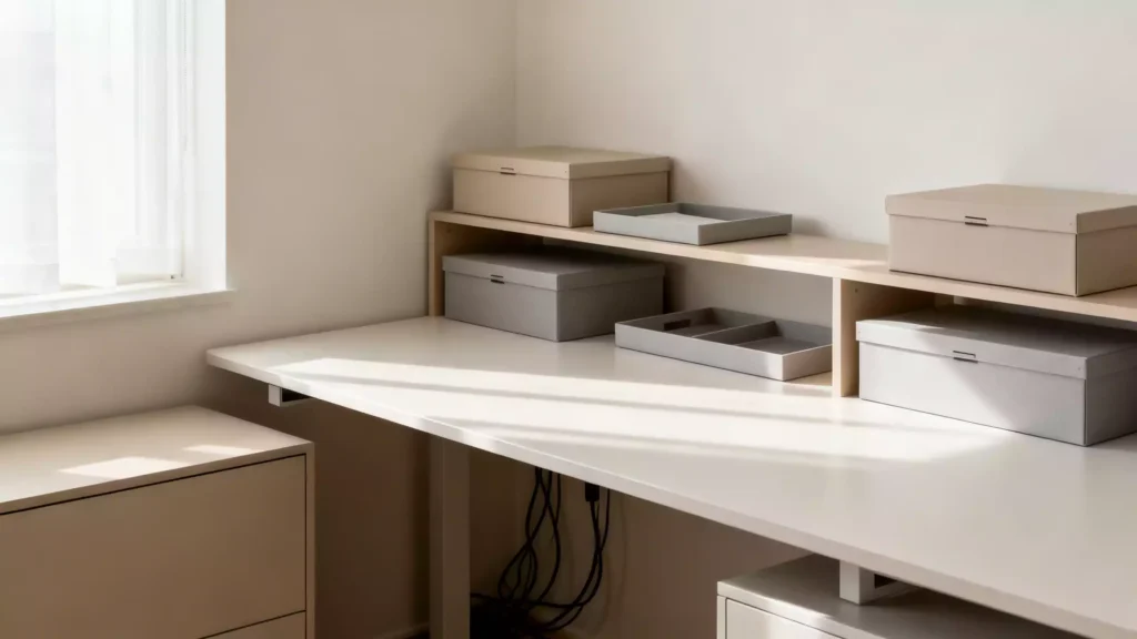 Organização invisível no home office pequeno com caixa com tampa, bandeja do dia e cabos discretos