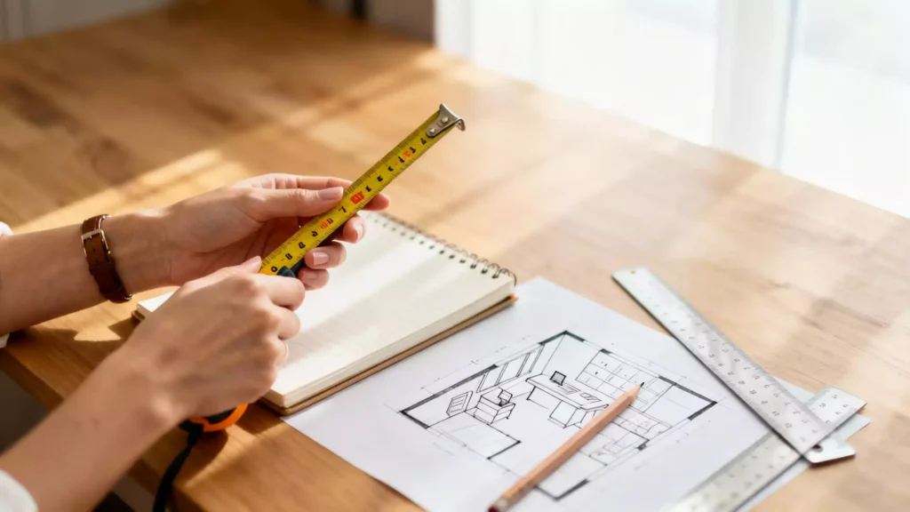 Mãos femininas segurando uma fita métrica e um caderno de anotações sobre uma mesa vazia, demonstrando a etapa técnica de como montar escritório em casa.