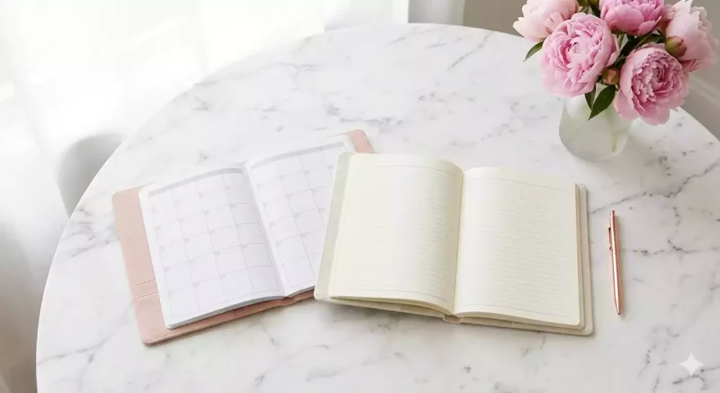 planner datado ao lado de planner não datado sobre mesa branca com flores rosa