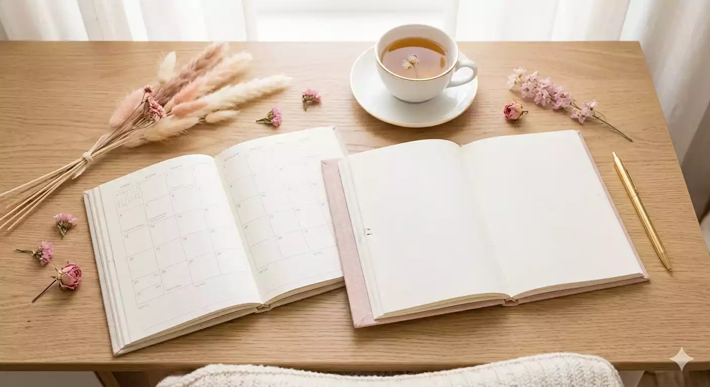 planner datado ou não datado abertos sobre mesa clara com flores e xícara de chá