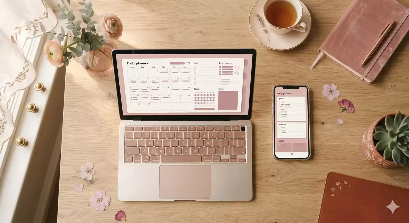 planner digital no notion aberto em laptop e celular