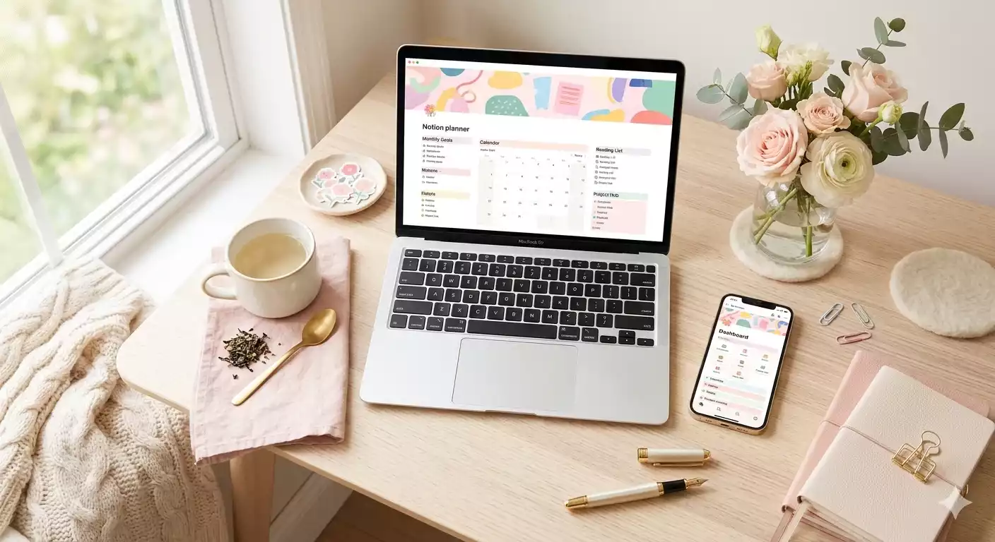 planner notion aberto em laptop sobre mesa clara, review do template recomendado