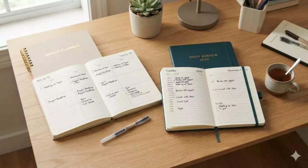 planner e caderno de agenda comparados lado a lado sobre a mesa