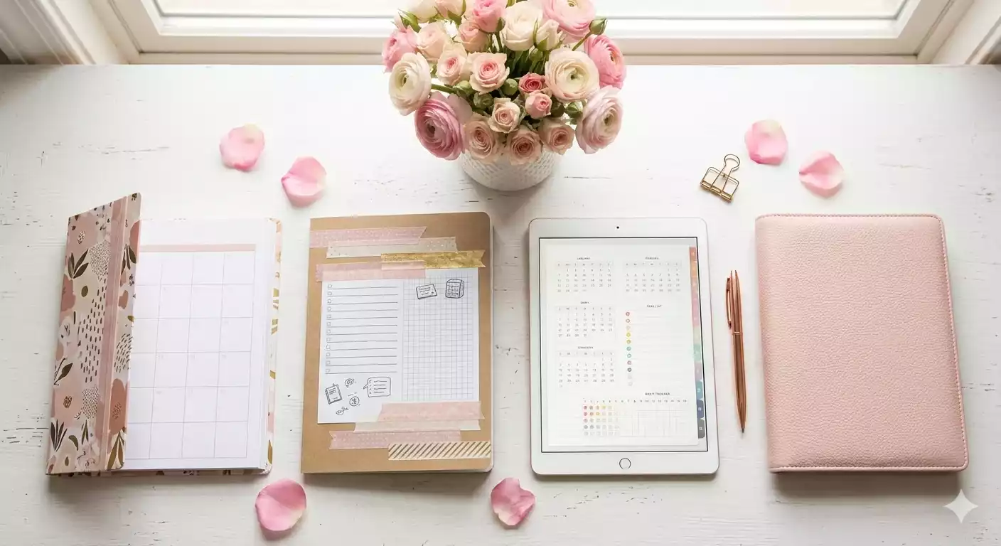 planner personalizado ou pronto: quatro opções lado a lado sobre mesa clara com flores