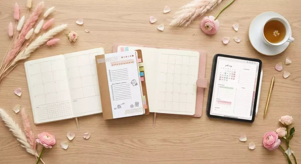 comparativo de planner pronto, caseiro, digital e sob encomenda lado a lado sobre mesa clara