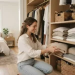 Separando roupas por pilhas antes de organizar o guarda-roupa