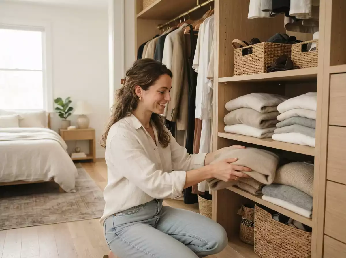 Separando roupas por pilhas antes de organizar o guarda-roupa