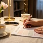 Planner semanal para imprimir sobre a mesa, ao lado de uma caneta dourada, café e flores cor-de-rosa