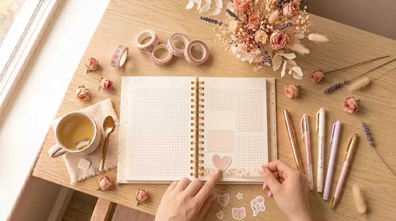 personalizar planner pronto com adesivos e canetas sobre mesa clara