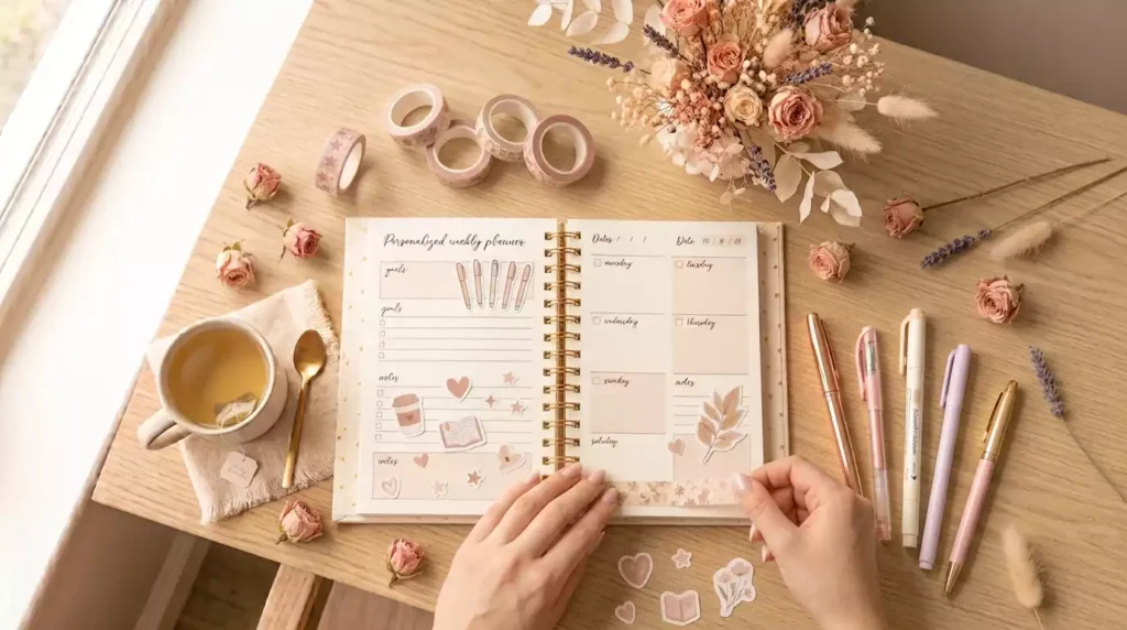 personalizar planner pronto com washi tape e post-it