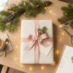 planner de presente com laço rosa sobre mesa clara decorada