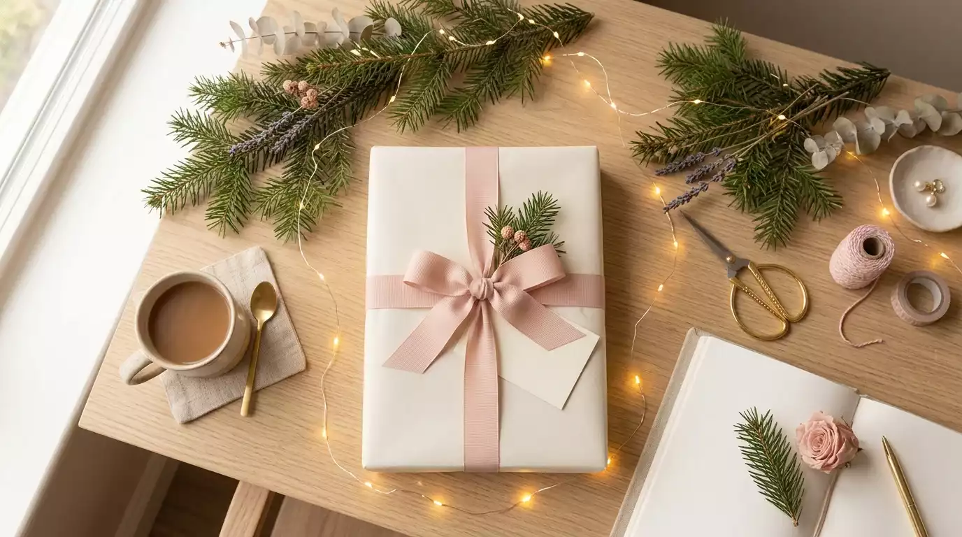 planner de presente com laço rosa sobre mesa clara decorada