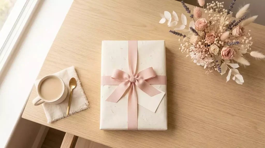planner de presente embrulhado com fita rosa e cartão