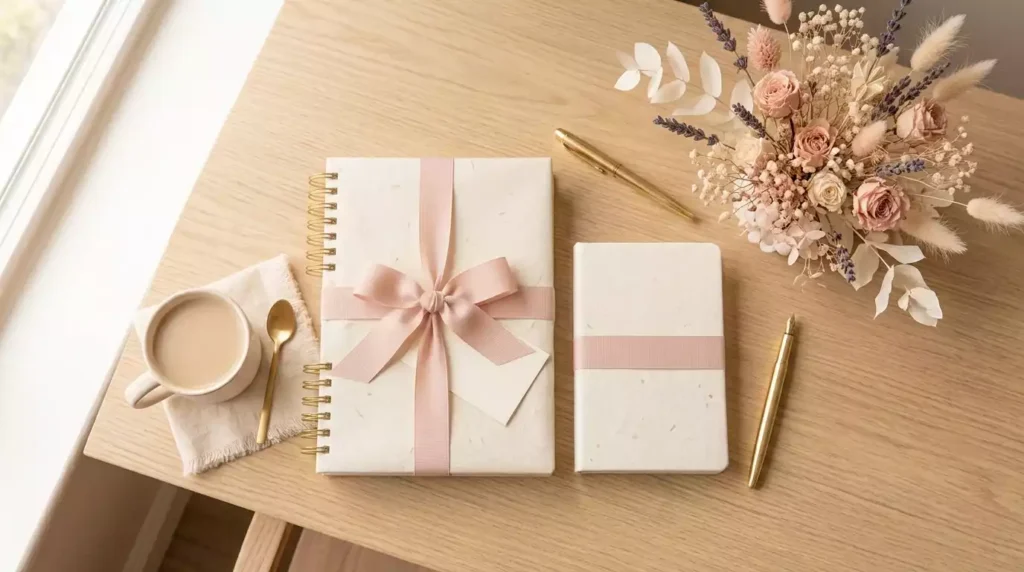 planner e agenda organizados sobre mesa clara com flores
