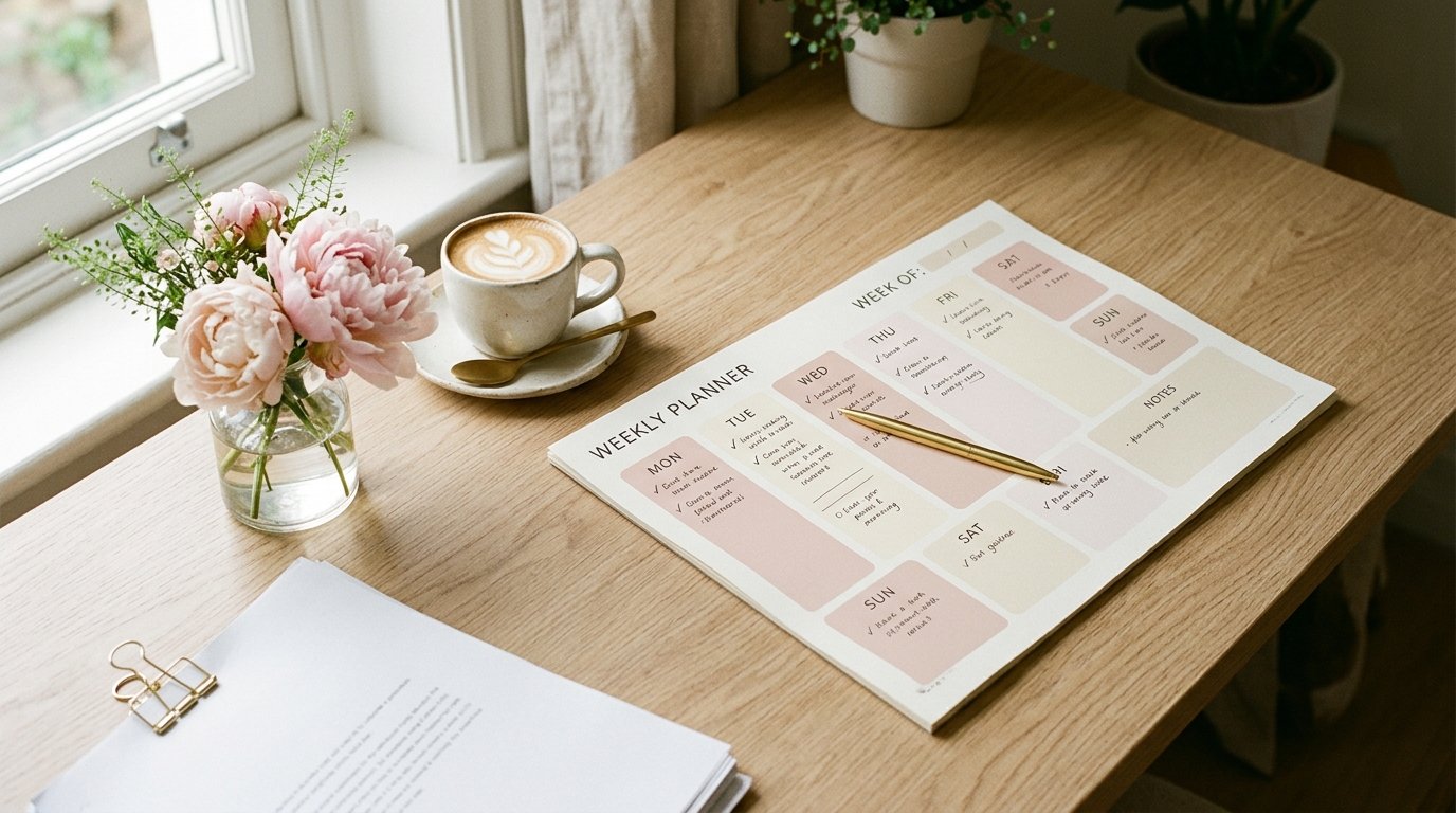 Mulher preenchendo um planner semanal impresso com marca-texto no domingo à noite