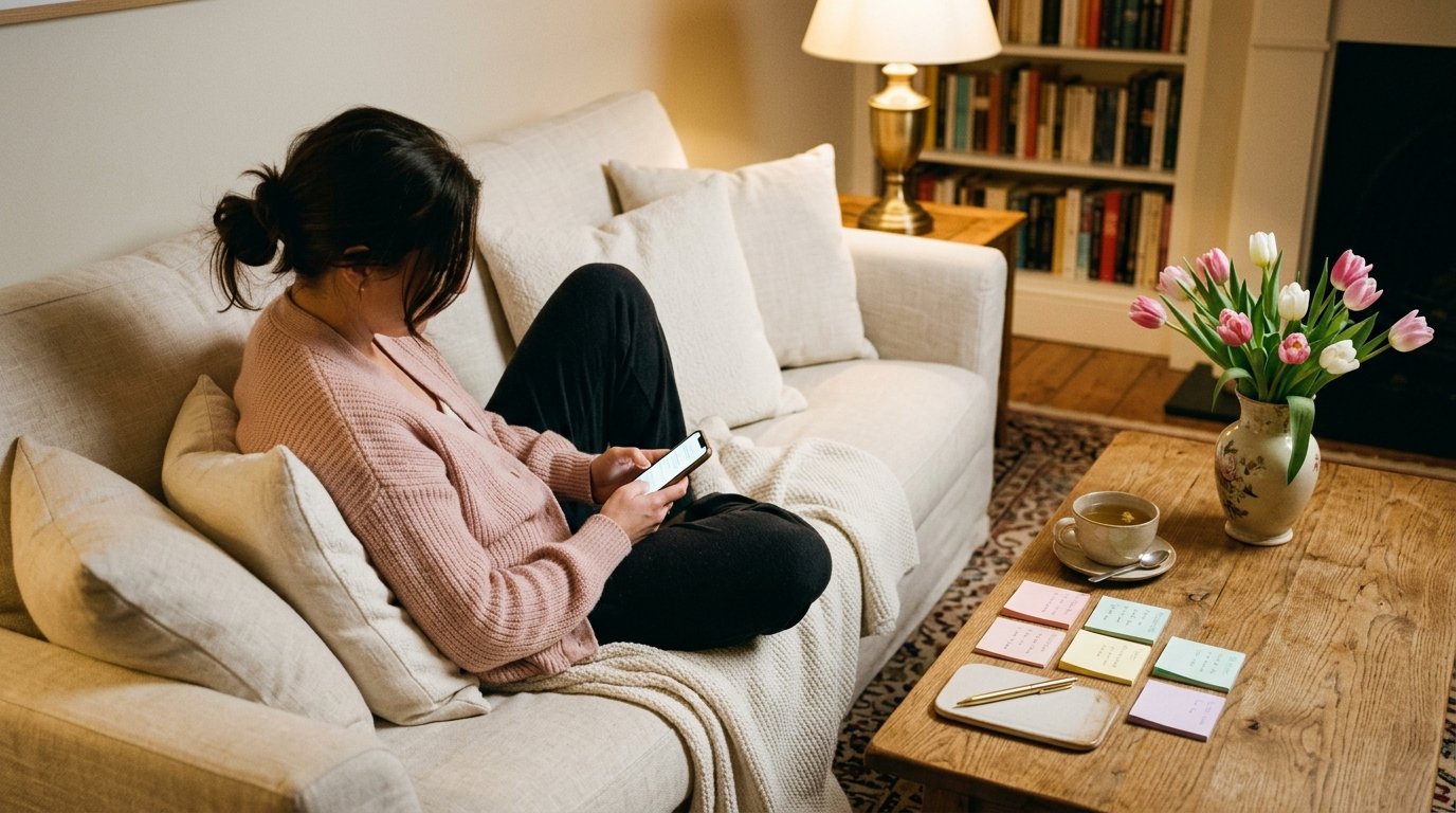 Procrastinação x preguiça: adiar alivia na hora Mulher no sofá à noite com o celular no colo e a lista de tarefas parada na mesa, exemplo de procrastinação x preguiça
