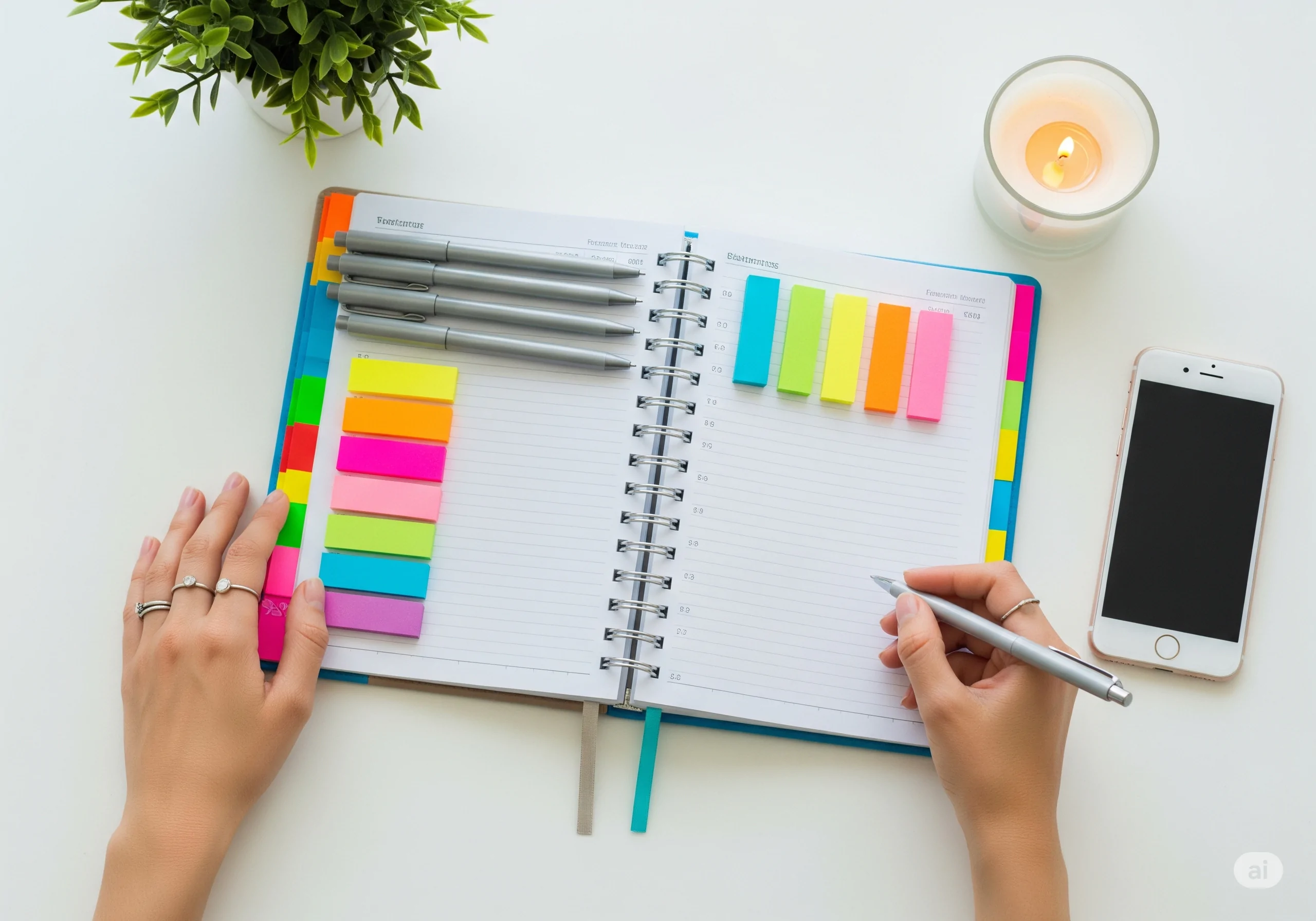 Planner aberto com planejamento semanal colorido e organizado sobre uma mesa.